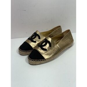 CHANEL Espadrilles Lambskin Gold / Black Size 40 Shoes US 10 Interlocking CC